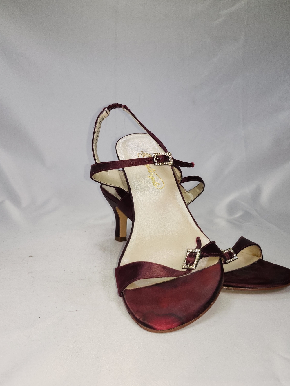 Michaelangelo Burgundy Satin Heeled Sandals with Rhinestone Buckles